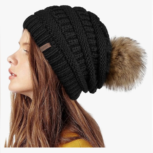 Fur Pom Pom Knit Beanie - Picture 1 of 7